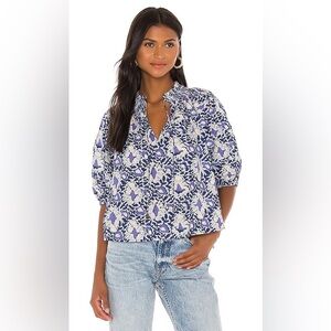 Free People Willow Printed Puff Sleeve Blouse Blue Combo Size Medium